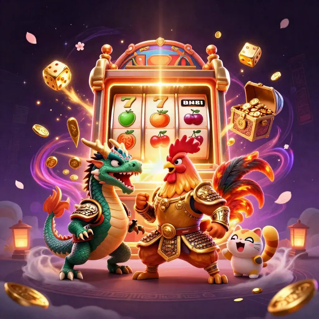 Rooster warrior, dragon hatchling and fortune cat explode from a jackpot slot machine with gold and neon.