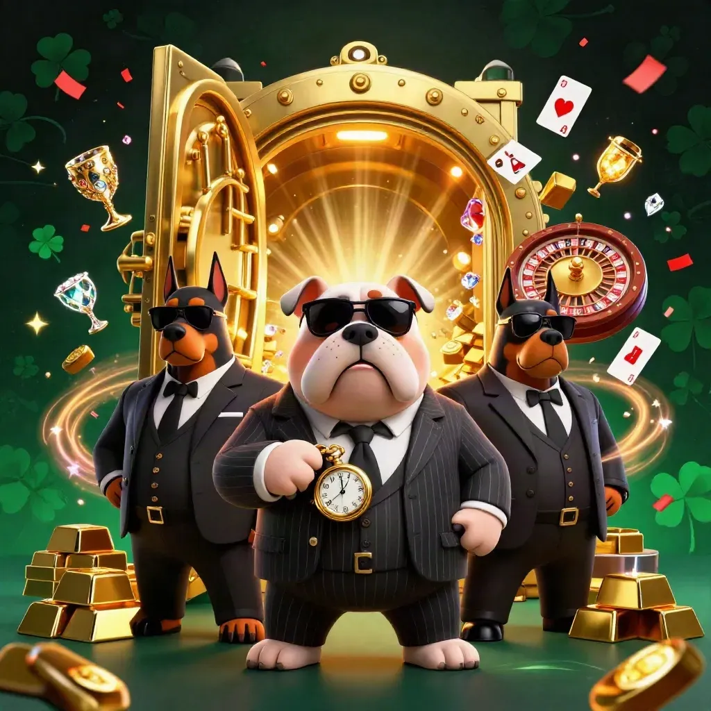Bulldog boss and two Dobermans amid vault gold, roulette, cards, and neon casino effects.