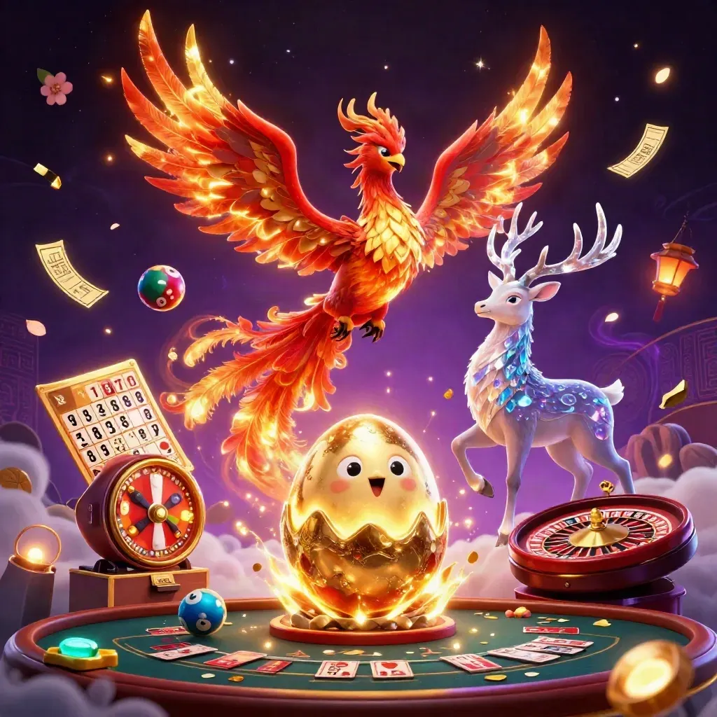 Fire phoenix, baby phoenix, and crystal-antler stag amid casino prizes and neon magic