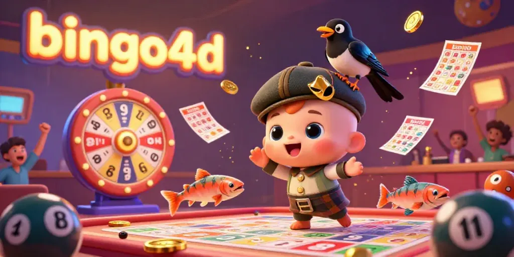 Menggambar suasana seru bermain bingo4d di aula bingo, dengan karakter Nessie dan ikan salmon yang menyenangkan.
