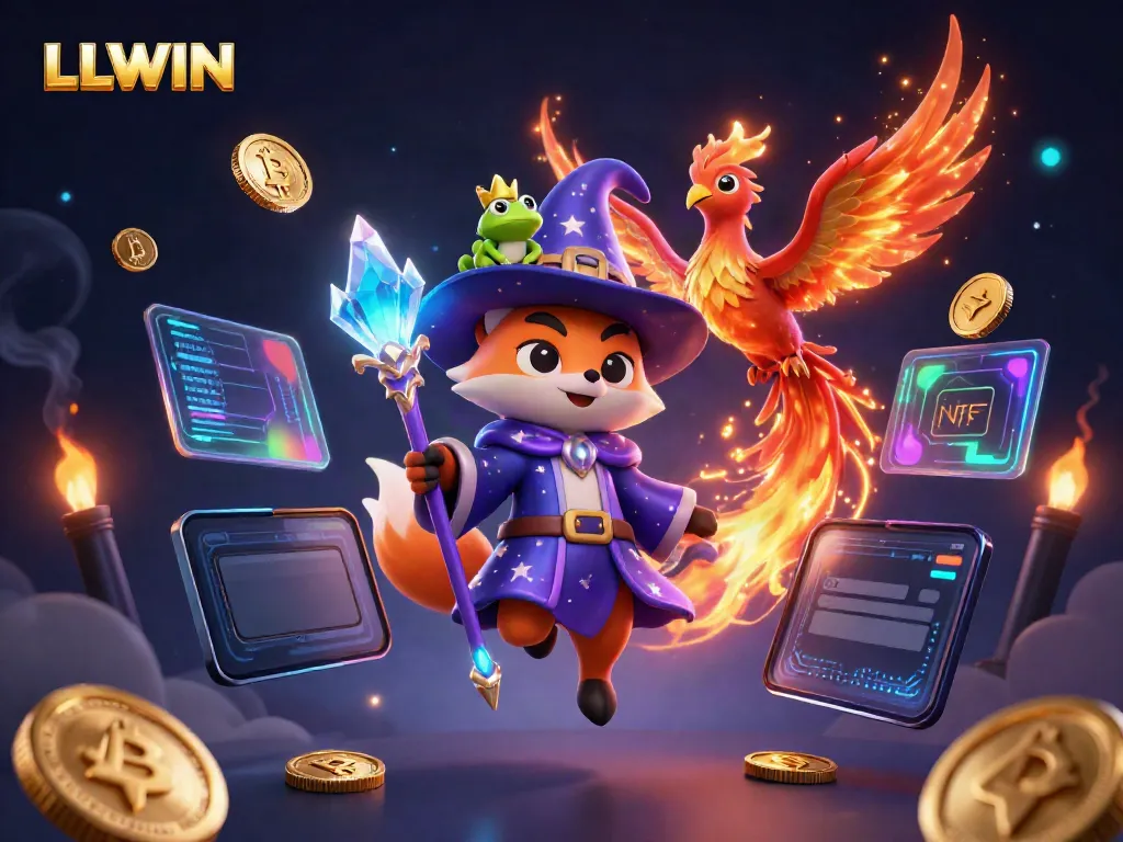 Experience the magic of LLWIN with a mystical wizard fox and a fiery phoenix in a vibrant casino scene.
