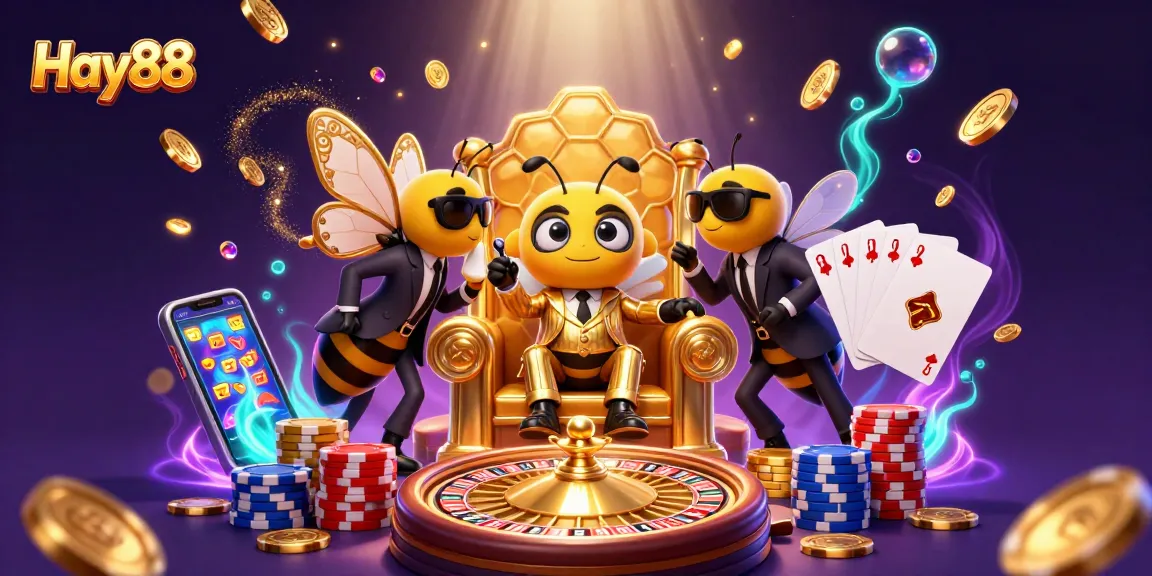 Experience exciting gaming moments with Hay88's bumblebee mob boss amidst a lavish casino scene.