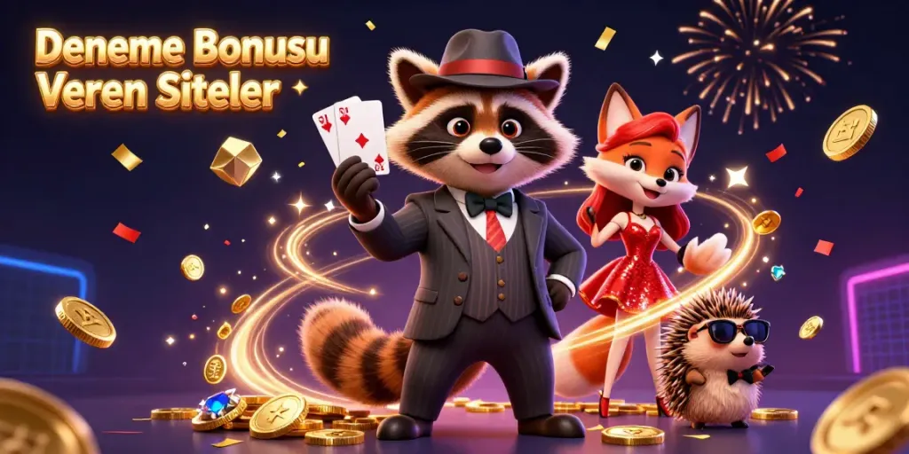 Experience the thrill of Deneme Bonusu Veren Siteler with a raccoon dealer, fox companion, and festive casino elements.