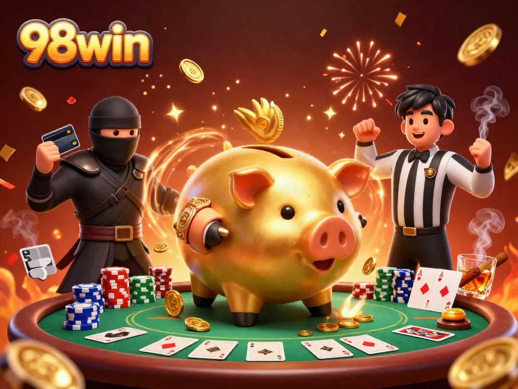 Experience thrilling gameplay with 98win and a dynamic 3D casino showdown featuring cartoon characters.