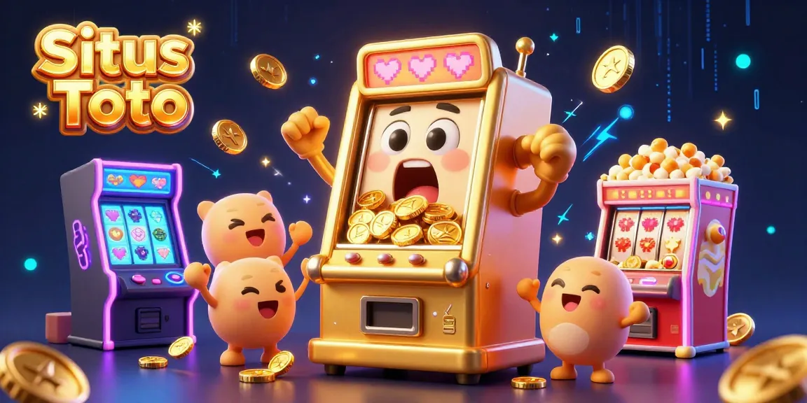 Situs Toto - Enjoy thrilling gameplay as a golden slot machine hits jackpots, surrounded by cheering machines and colorful arcade elements.