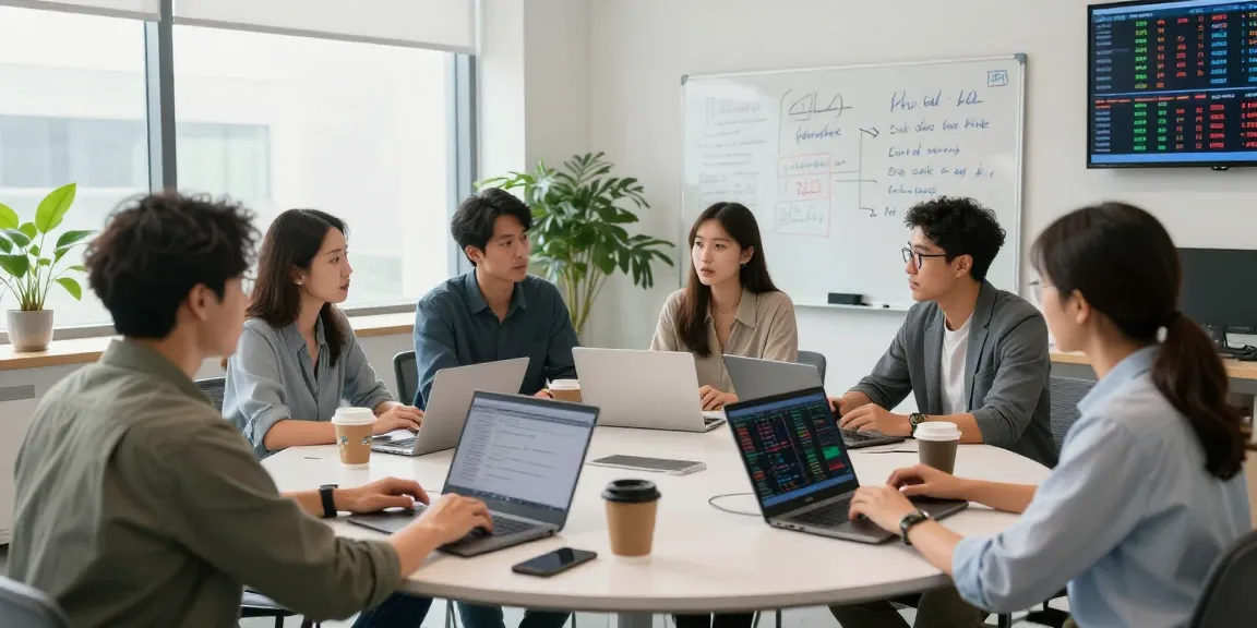 Review prop firms dengan kakakjudi di ruang kerja modern, tim trader mendiskusikan strategi trading.