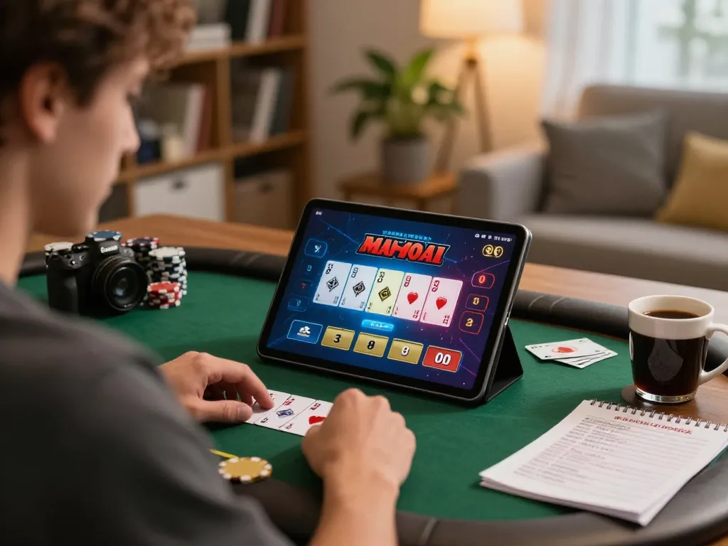 F8BET player engaging in strategic online poker game from home, showcasing immersive gaming experience.