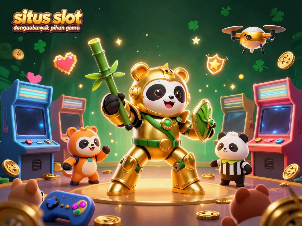 Permainan situs slot dengan banyak pilihan game dalam ilustrasi 3D menarik dengan karakter mesin slot dan aspek kasino.