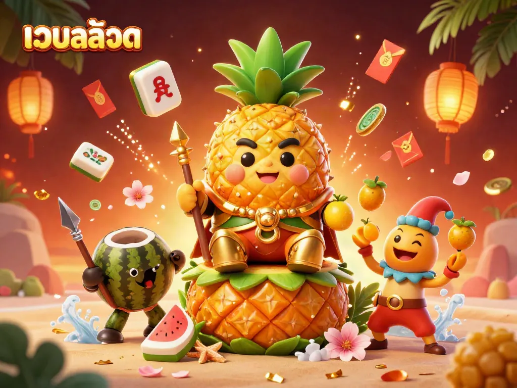 Experience เว็บสล็อต excitement with a dynamic scene featuring a pineapple king and lavish casino elements.