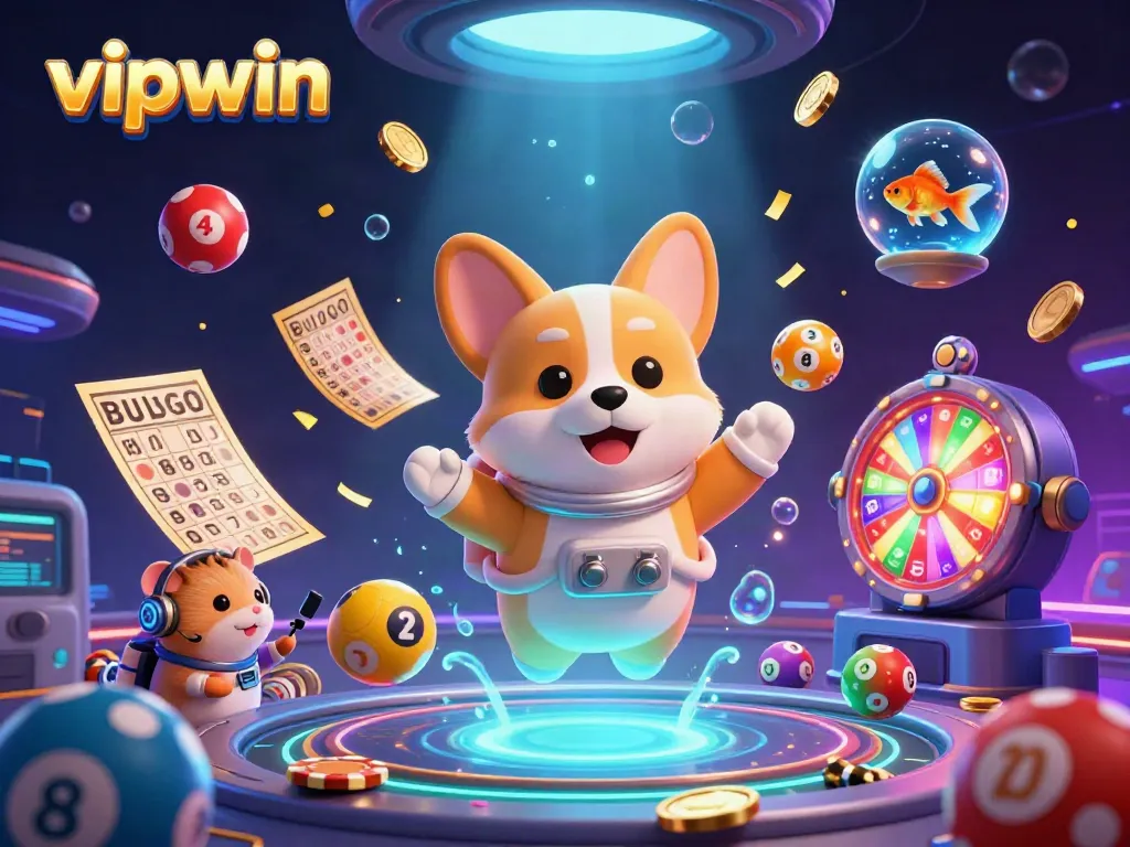 Experience excitement with the vipwin casino, featuring an astronaut corgi, while vibrant lottery balls float around.
