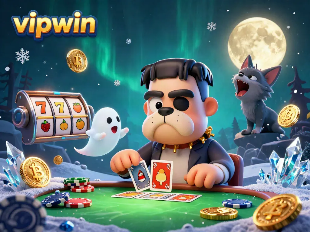 Experience the thrilling action with vipwin at a haunted casino table led by a Frankenstein bulldog dealer.