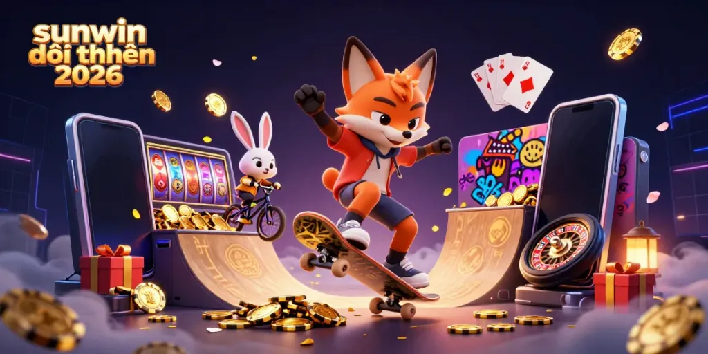 Experience thrilling gameplay in sunwin đổi thưởng 2026, featuring a skateboarder fox and BMX rabbit amid vibrant casino elements.