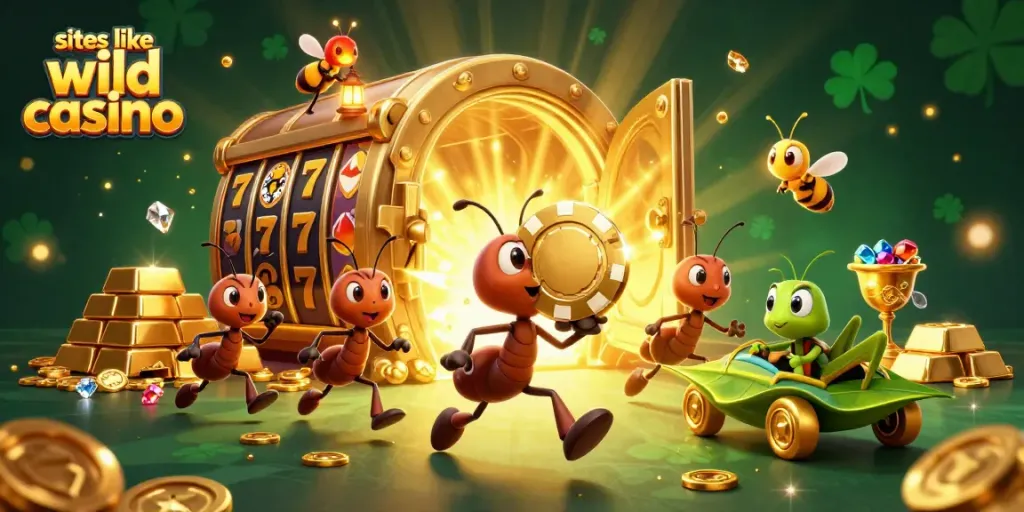 Vivid illustration of 3D ants executing a heist for a golden poker chip like sites like wild casino.