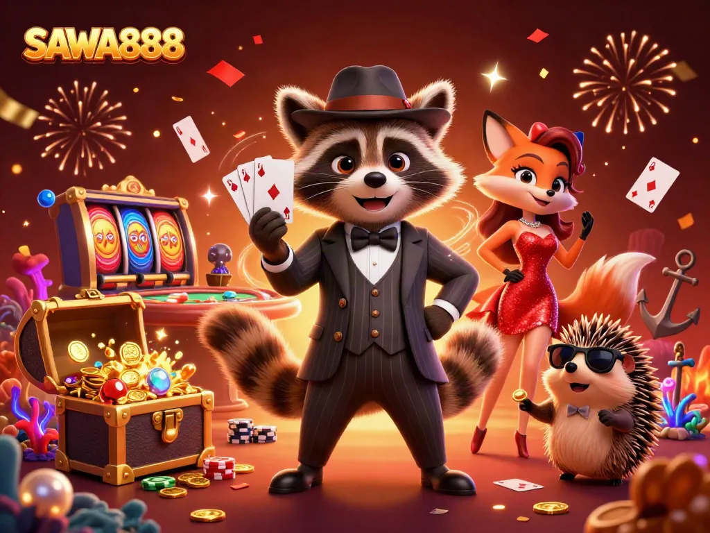 Experience exciting gameplay at SAWA888 with a charming raccoon in a royal flush showdown.