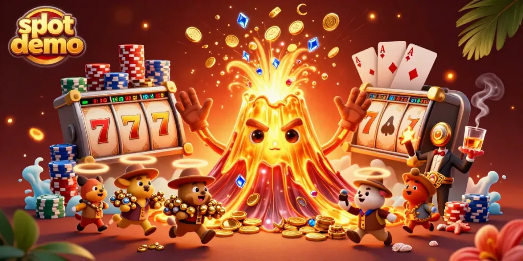 Mengalami slot demo yang menakjubkan dengan letusan gunung emas, simbol keberuntungan, dan berbagai elemen permainan.