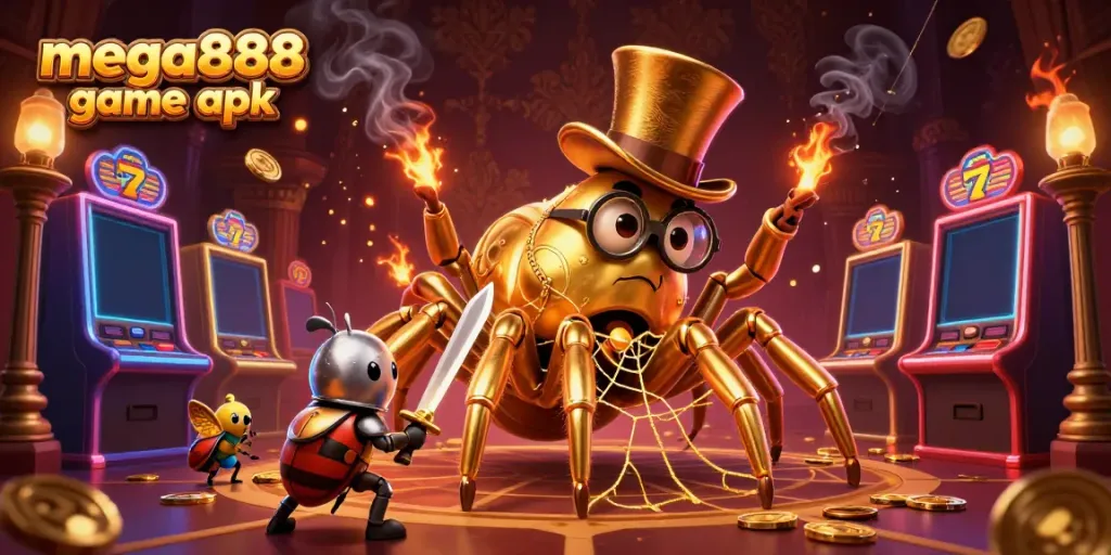 Engage with the mega888 game apk in a vibrant 3D casino scene featuring a golden tarantula and beetle knight.