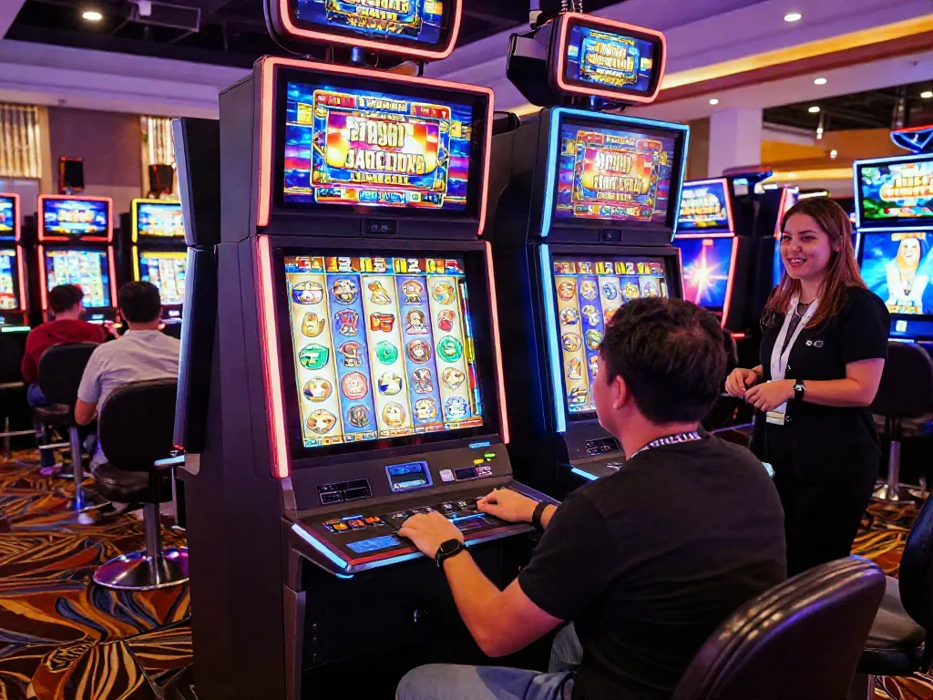 Player engaged at a slot machine, showcasing vibrant casino atmosphere with digital displays and customer service.