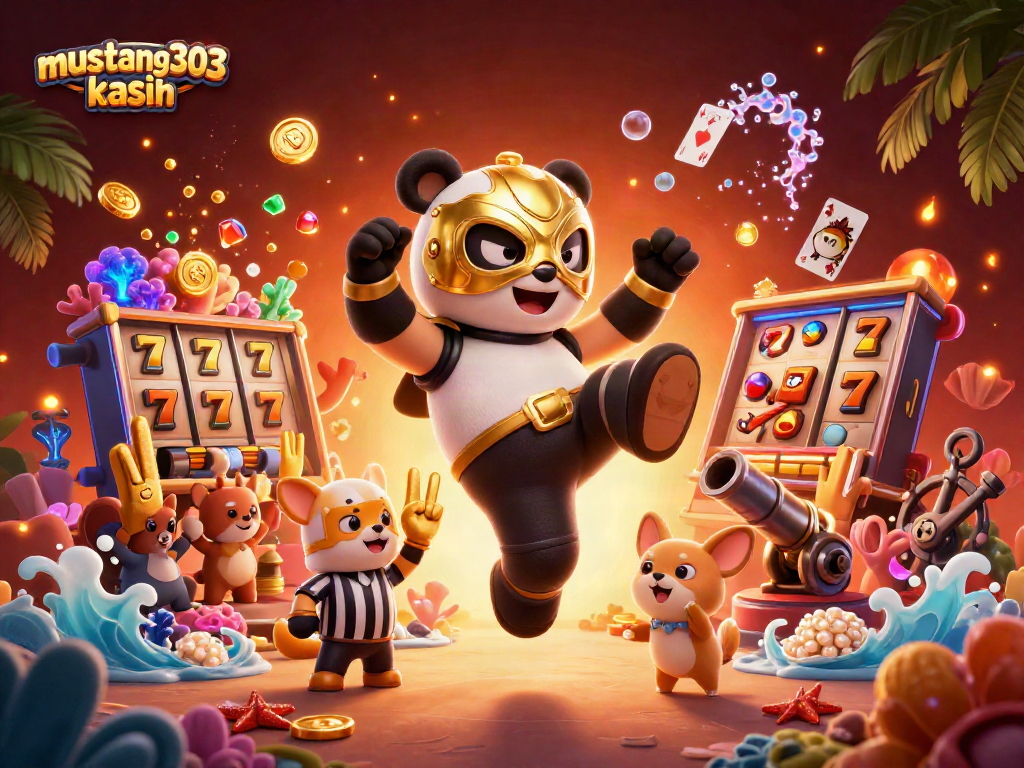 Experience thrilling wins with mustang303 kasih in this vibrant gamble-themed 3D illustration.