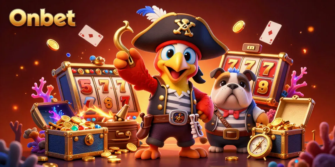 Engage with Onbet's thrilling casino world featuring vibrant 3D pirate-themed illustration.