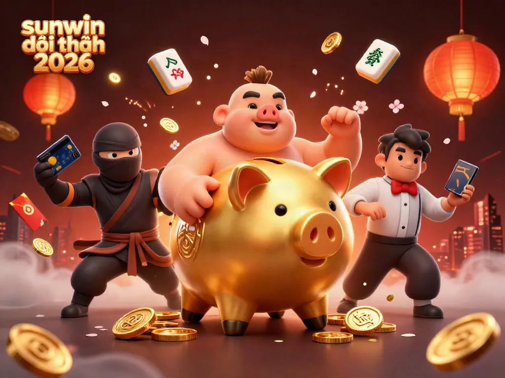 Experience sunwin đổi thưởng 2026 with a thrilling 3D casino scene of fortune featuring a golden piggy bank, ninja, and samurai referee.