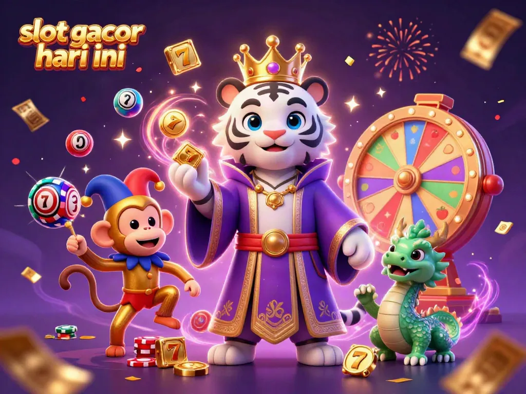 Engage in slot gacor hari ini with a vibrant scene of a white tiger, monkey, and dragon amidst casino elements.