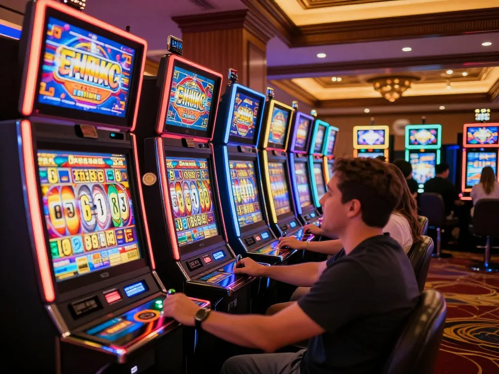 Players enjoying the lively slot machines in a casino, experiencing excitement and wins.