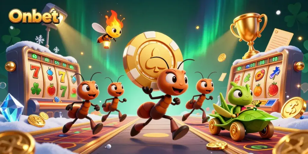 Experience Onbet's vibrant gambling scene featuring ants and golden poker chips in a lively casino atmosphere.