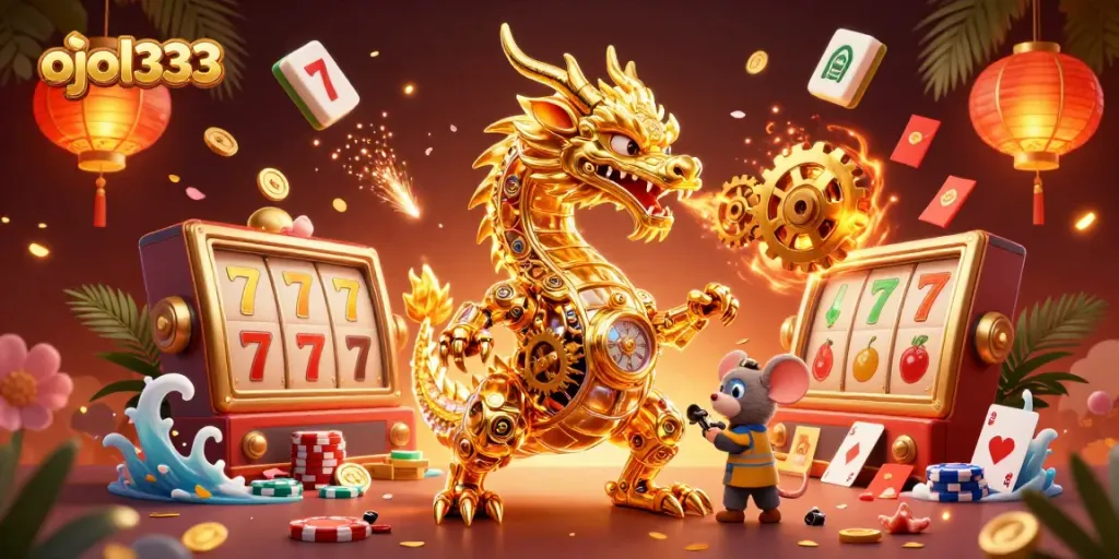 Enhance your gaming experience with ojol333's thrilling slot machine action and vibrant casino elements.