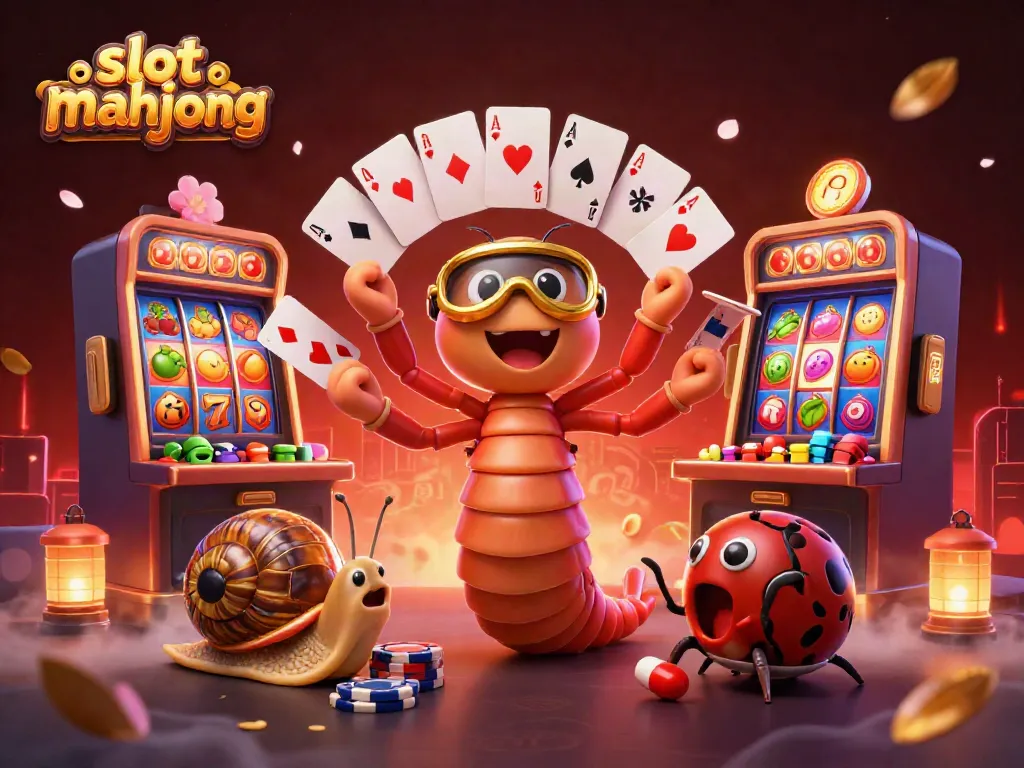 Experience thrilling slot mahjong with a lively 3D cartoon illustration of characters celebrating near colorful machines and dynamic symbols.
