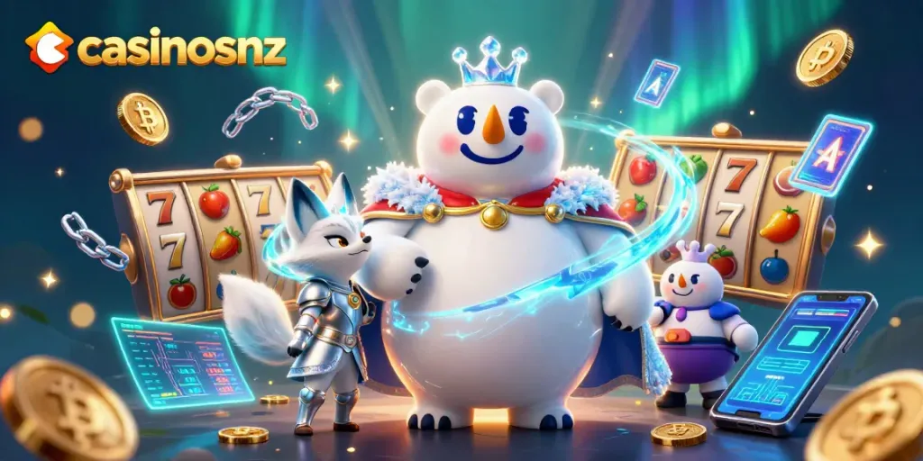 Engage with casinosnz through a vibrant, enchanted scene of magical creatures and slot elements.