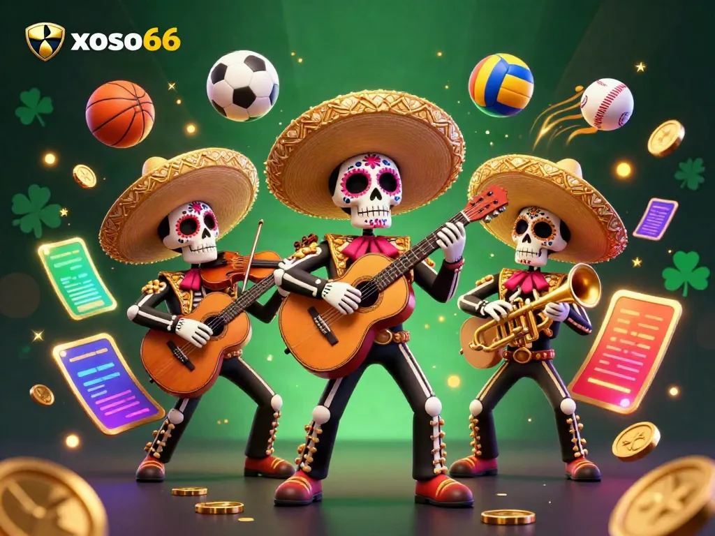 Engage with the vibrant scene of xoso66's animated mariachi band among dynamic sports betting elements.