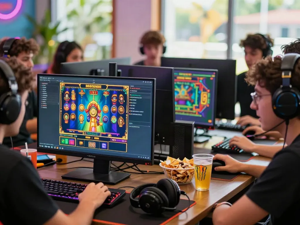 Gamer bermain nyonya4d di ruang yang modern dengan grafis warna-warni.