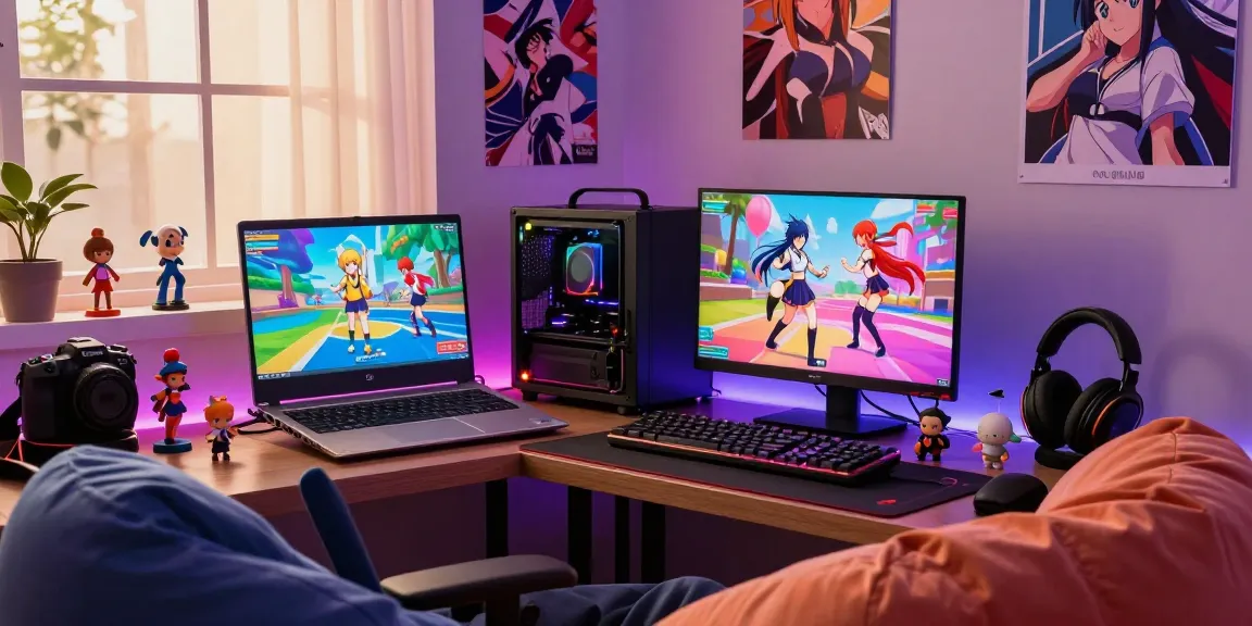Player enjoying a vibrant hentai game on a laptop in a cozy gaming room, surrounded by anime collectibles and dynamic lighting.