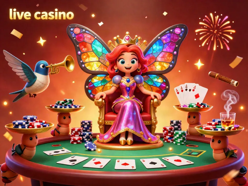 Mengalami pengalaman live casino yang interaktif dengan karakter ratu kupu-kupu dan unsur permainan kartu.