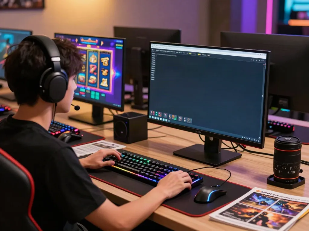 A player experiencing akunjp online gaming with vibrant graphics and accessories at a well-lit gaming station.
