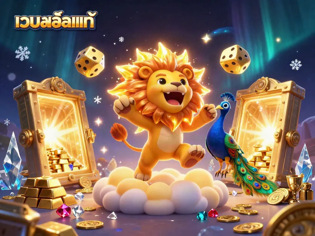 Play the เว็บสล็อตแท้ with a vibrant 3D illustration featuring a cartoon sun lion and golden dice.