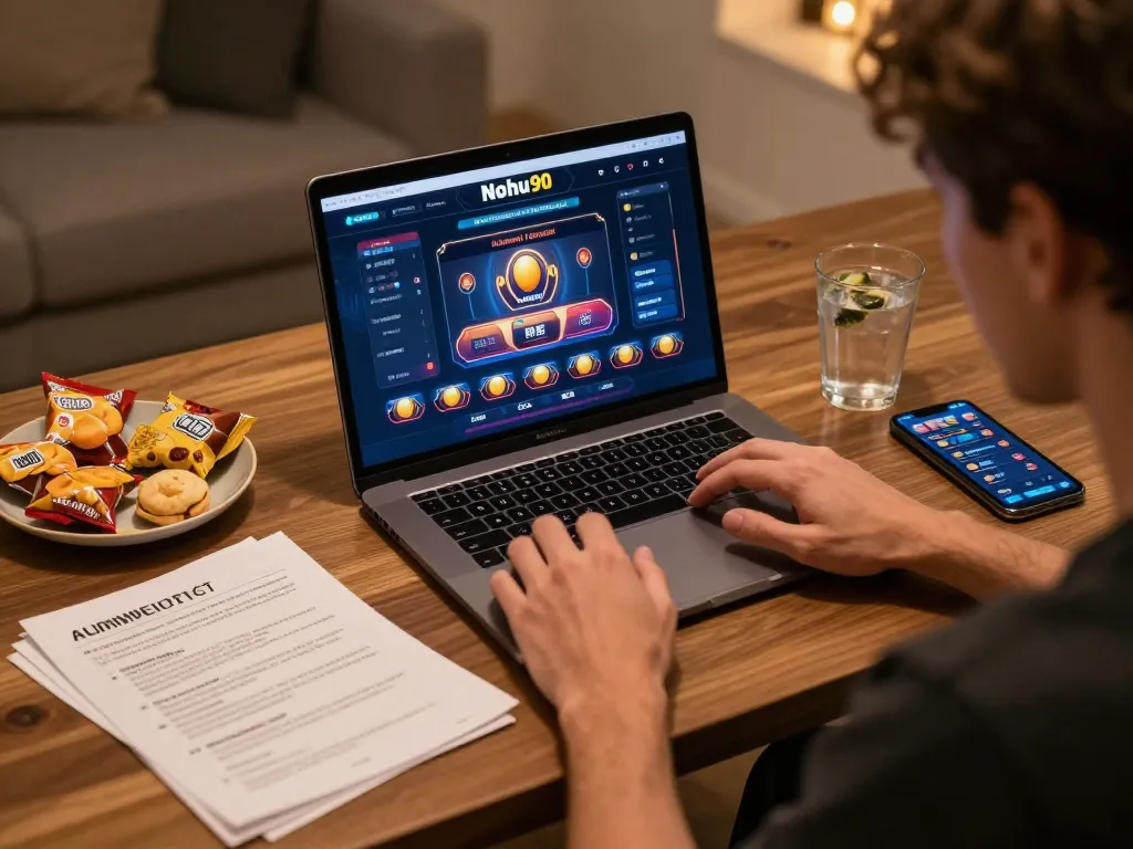Nohu90 player engaged in online casino strategy session with laptop and notes.