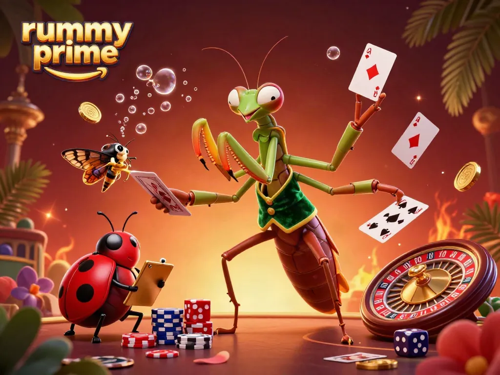 Exciting rummy prime scene featuring a giant mantis card sharp and a ladybug pit boss in a vibrant casino