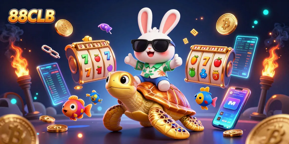 Experience the winnings at 88CLB with a lively illustration of a lucky rabbit and a golden sea turtle.