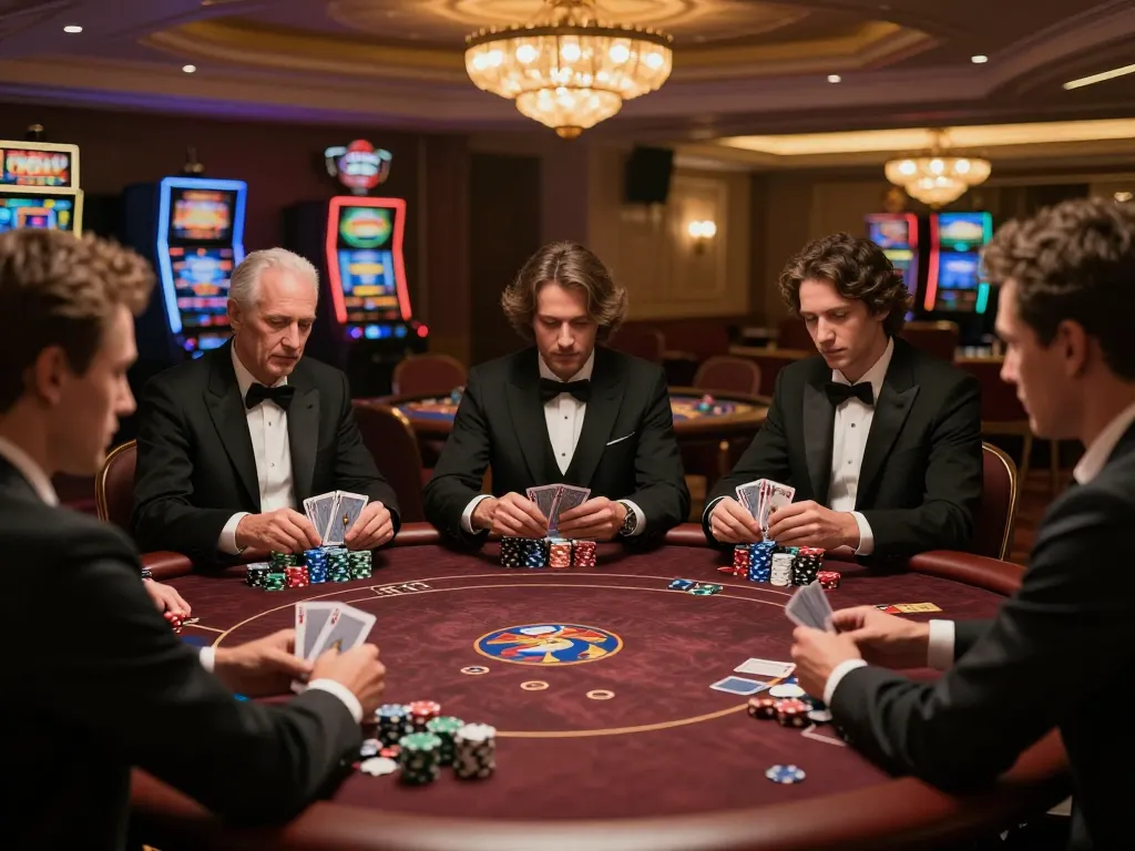 Net88 players strategizing their next move at an upscale poker table in a luxury casino.