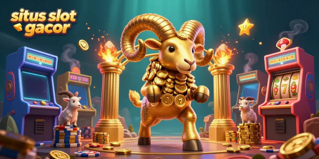 Visualisasi situs slot gacor dengan domba emas dan mesin slot cerah yang menyala, menciptakan suasana kasino yang meriah.