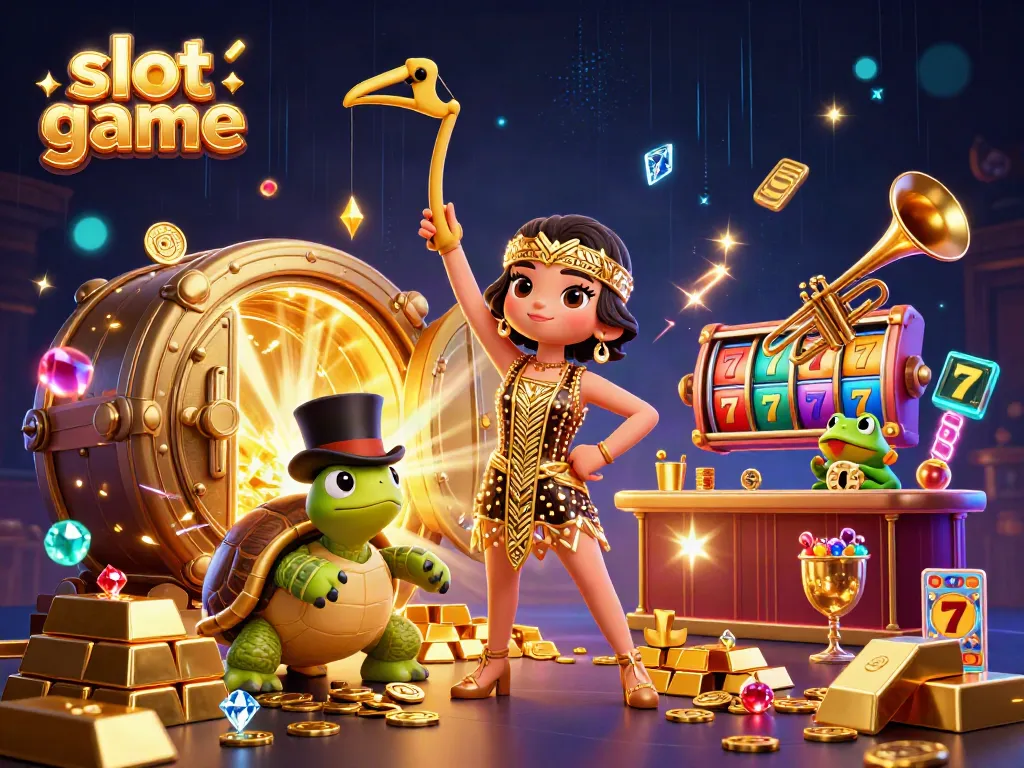 Engage in a vibrant slot game scene with colorful characters and dynamic casino elements.