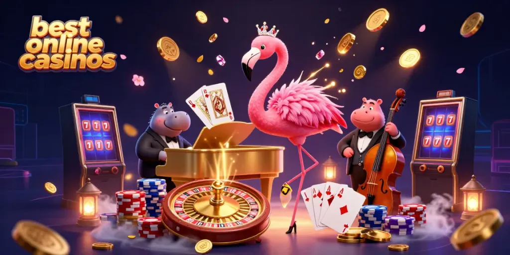 Experience the best online casinos with a lively 3D scene featuring a flamboyant singer and bassist surrounded by casino elements.