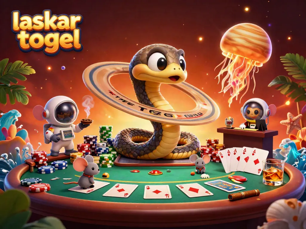 This 3D illustration showcases laskar togel themed characters in a dynamic casino setting with vibrant elements.