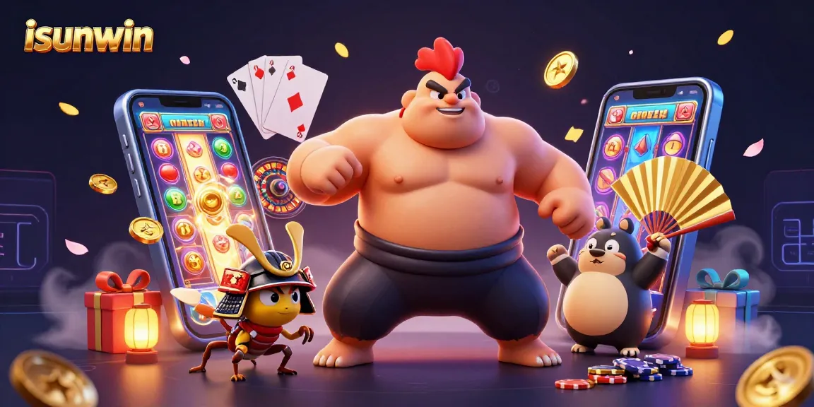 Experience thrilling gameplay with isunwin, featuring a dynamic gaming scene with a sumo wrestler rooster and vibrant slots.