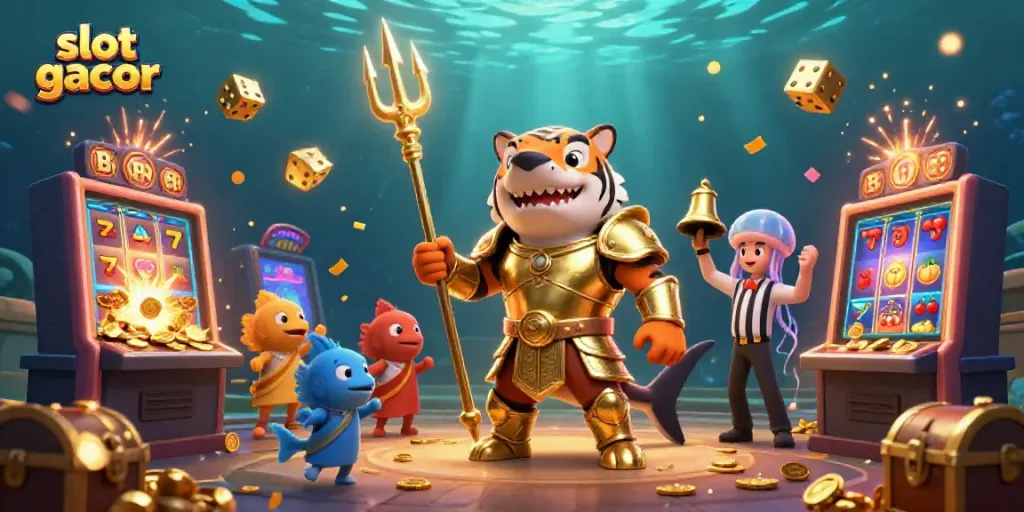Experience the thrill of slot gacor with a vibrant 3D underwater scene featuring a golden shark and explosive jackpots.