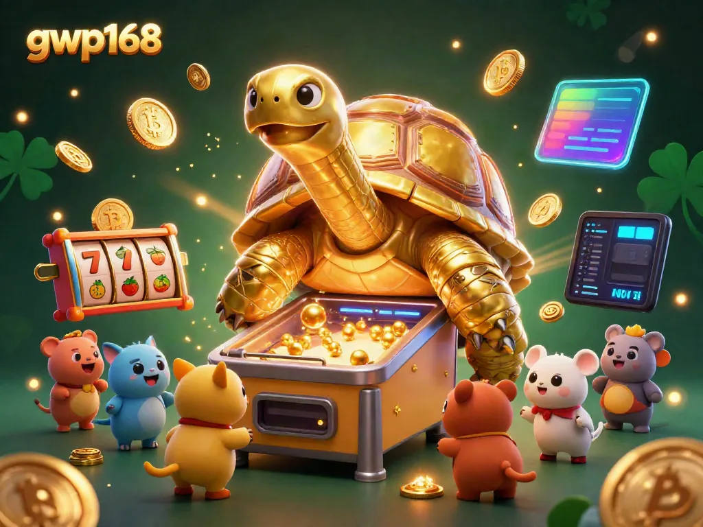 Permainan menarik di gwp168 dengan jackpot dan simbol keberuntungan dalam ilustrasi 3D.