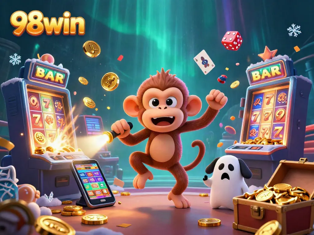 Experience the thrill of 98win with the playful ghost-hunter puppy and poltergeist monkey in an exciting casino scene.