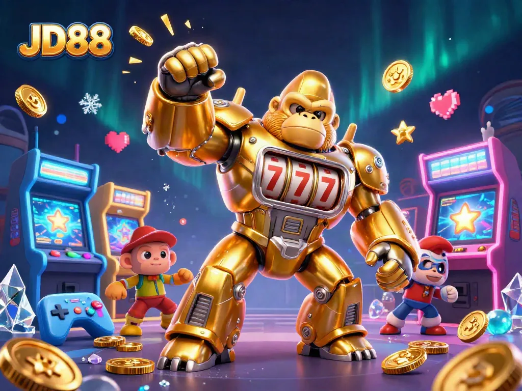 Spin and win big with JD88's exciting gaming experience featuring a golden gorilla mech in action.