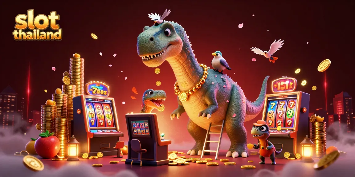 Slot Thailand menghadirkan suasana menyenangkan dengan brontosaurus dan slot mesin penuh simbol keberuntungan.